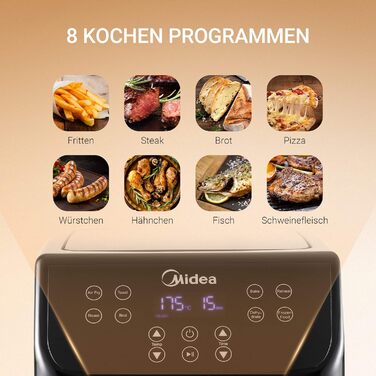 Фритюрниця Midea MF-CN55A2 5.5 л XXL фритюрниця, цифровий дисплей, 8 різних програм, безкоштовний вибір температури від 30 до 200C, 1700 Вт, чорний 5.5 л