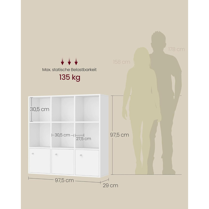 Книжкова полиця VASAGLE, 3-рівнева полиця, Відкрита полиця для зберігання, Окремостояча полиця, 29 x 97,5 x 97,5 см, 3 відділення з дверцятами, для вітальні, домашнього офісу, їдальні, Хмарно-білий LBC33WT