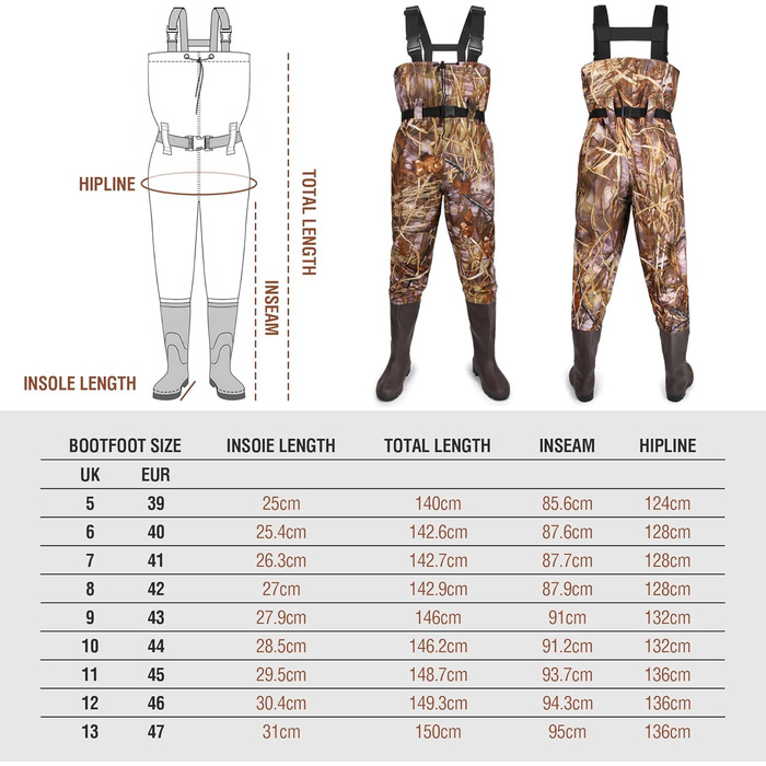 Чоловічі водонепроникні вейдерси, рибальські штани з нейлону/ПВХ з чобітьми, дихаючі вейдерси для риболовлі, полювання, миття автомобіля, фермерства, садівництва, водних видів спорту та активного відпочинку, розмір 40, камуфляж