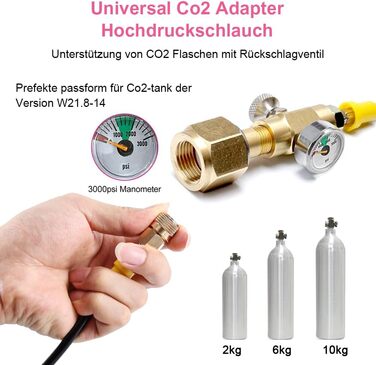 Шланг високого тиску ASOFTY Co2 1,5 м з манометром 3000 фунтів на квадратний дюйм, сумісний з Sodastream Duo, Crystal 3.0, Gaia, Art і Terra, підтримка більшого газового балона CO2 з бар'єром зворотного потоку Універсальний тип - з манометром