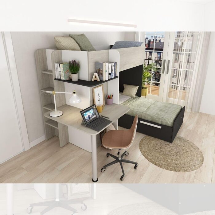 Двох'ярусне ліжко Bleki для двох дітей з письмовим столом і шафою в вінтажному білому та антрацитовому кольорах