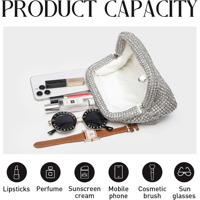 Блискуче клатч-слюда для жінок, сяюча вечірня сумочка з діамантовими пухнастими кульками для вечірок та весіль, світле срібло