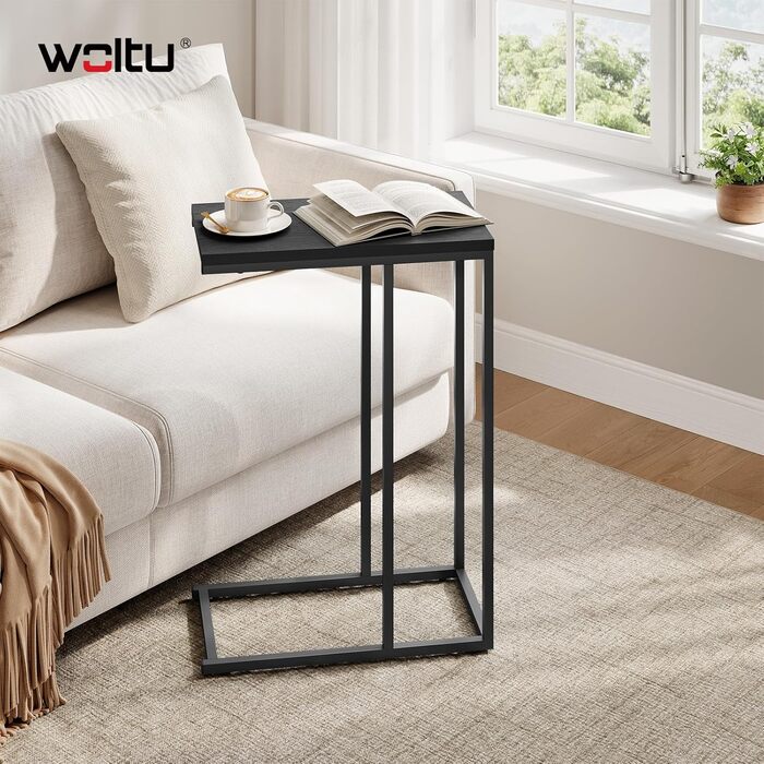 Журнальний столик WOLTU, С-подібний, стіл для вітальні з металевим каркасом, диванний столик, журнальний столик, для кави та ноутбука, 45 x 63,5 x 25 см, чорний, комплект з