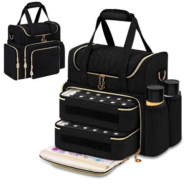 Мішечок для зберігання лаку для нігтів, двошаровий органайзер для 70 флаконів (до 15 мл), портативний мішечок для сушарок для нігтів, ламп для нігтів та аксесуарів для лаків - чорний