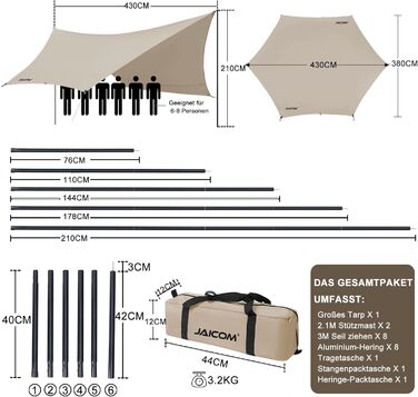 Водонепроникний, надлегкий тент для наметів JAICOM Tarp 3.7 x 4.3 з опорними стовпами, люверсами, алюмінієвими штифтами, нейлоновою мотузкою, стійкий до ультрафіолету та дощу, підходить для наметів, гамаків, подвір'я, пляжного сонцезахисту, хакі