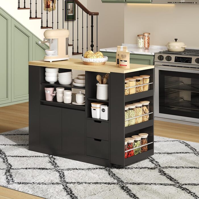 Барний стіл з місцем для зберігання, кухонний острів з висувною стільницею та функцією повороту на 360, рухомий бічний столик з тристоронніми полицями та 2 шухлядами, кавова барна стійка, чорний, 115x50x92 см A-чорнийнатуральний