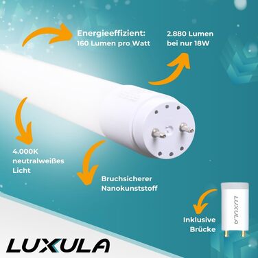 Світлодіодна трубка LUXULA 2 шт. 120 см - пластик T8 G13-18W 2880 лм - 4000K нейтральний білий - вкл