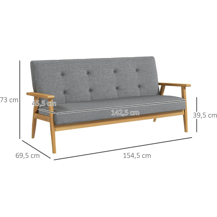 Місний диван HOMCOM, 154,5 см з підлокітниками, спинка, невеликий м&39який диван з лляним виглядом, дерев&39яні ніжки, м&39який диван-гостина для вітальні, спальні, темно-сірий 154,5Ш x 69,5Г x 73В см, 3-