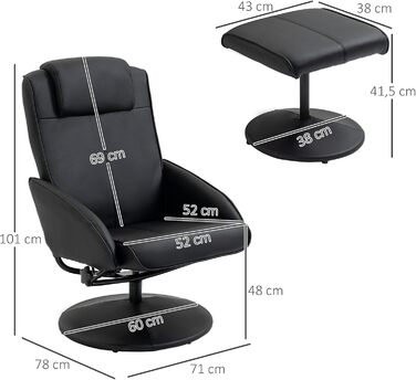 Крісло для телевізора HOMCOM з пуфом для ніг, поворотне на 360 з функцією відкидання, крісло для телевізора, крісло для читання для вітальні, спальні, штучна шкіра, чорний колір