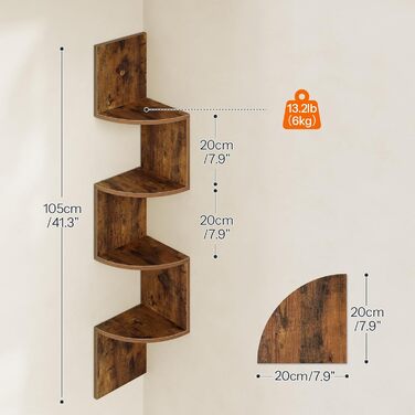 Настінна полиця HOOBRO, комплект із 2 предметів, кутова полиця, плаваюча полиця, 4-ярусна полиця, унікальний зигзагоподібний дизайн, компактна, для вітальні, спальні, їдальні, ретро-коричневий EBF25BJP201 темно-коричневий чорний 20 x 20 x 105 см