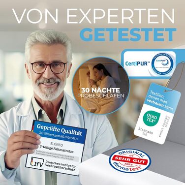 Матрац ELONEO Folding Mattress, гостьовий матрац, 3-секційний розкладний матрац, надзвичайно товста піна (15 см), можна прати, ортопедична подушка, складний, складний матрац, для дорослих (сірий, 90 x 200 x 15 см) 90 x 200 x 15 см сірий