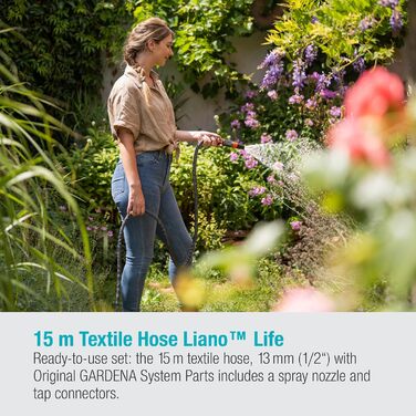 Текстильний шланг Gardena Liano Life 1/2 дюйма, 15 м Комплект Дуже гнучкий садовий шланг з текстильної тканини, з внутрішнім шлангом з ПВХ, без перегинів, легкий, стійкий до погодних умов (18445-20)