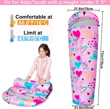 Спальний мішок MHJY для кемпінгу для хлопчиків та дівчаток, дитячий спальний мішок ідеально підходить для використання в приміщенні та на вулиці, кемпінгу, піших прогулянок, походів, 3-сезонний дитячий спальний мішок 178 см для теплої та прохолодної погод