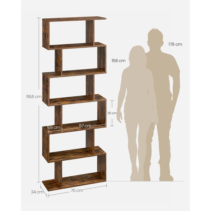 Книжкова полиця VASAGLE, 6-ярусна, 24 x 70 x 191,6 см, Окремостояча полиця, Офічна полиця, Декоративна полиця, Для демонстрації, Сучасна, Для Вітальні, Спальні, Офісу, Вінтажний Коричневий LBC61BX 6 Ярусів (70 x 24 x 191,6 см) Вінтажний Коричневий