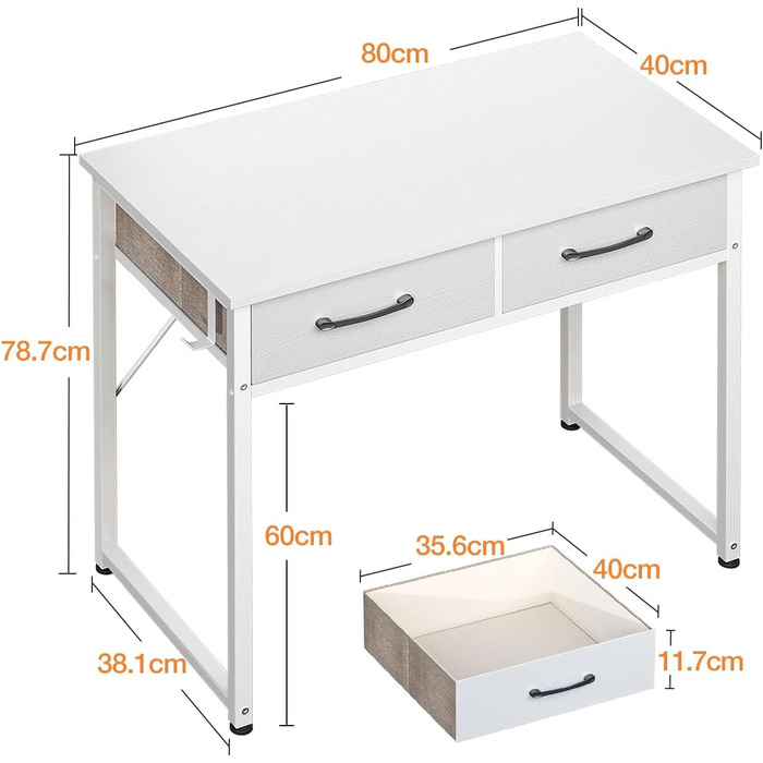 Письмовий стіл з 2 шухлядами, 80x40x78,7 см, невеликий стіл з тримачем для навушників, офісний стіл, ПК-стіл для офісу, вітальні, домашнього офісу, білий 80x40x78,7 см, білий
