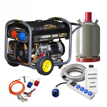 Двопаливний генератор 10 кВА ПОВНИЙ КОМПЛЕКТ Бензиновий та пропановий аварійний генератор 230/400 В Мобільний, включаючи подовжувач на 4 контакти, газовий балон та аксесуари