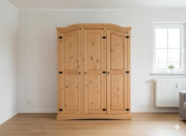 Шафа для спальні Dynamic24 3-дверна шафа New Mexico Ш152xВ193xГ54 см Масив сосни натурального кольору Комод Шафа Багатоцільова шафа Відкрита шафа Коричнева