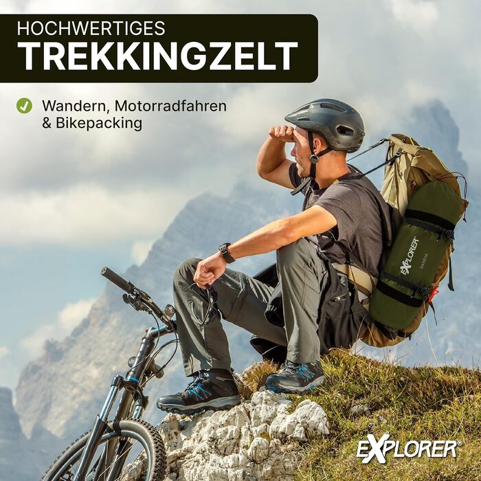 Намет EXPLORER Dakota на 1-2 особи, малий розмір у спорядженні, надлегкий, для подорожей на велосипеді або мотоциклі, 1-2 особи, водяний стовп 3000 мм, з окремим внутрішнім наметом, водонепроникним підлоговим покриттям, для піших прогулянок, трекінгу, кем