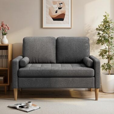 Місний диван, 2-місний диван, маленький диван з 2 декоративними подушками, міні-диван з підлокітниками, для вітальні, спальні, квартири, офісу, 121 x 77 x 87 см, темно-сірий, 2-