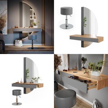 Туалетний столик Vicco Melisa, дуб/сірий, 120 см з підсвічуванням і табуретом Сірий зі світлодіодним дзеркалом і табуретом