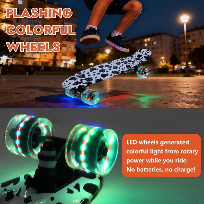 Скейтборд CLYCTIP, 22-дюймовий повноцінний міні-крейсерський скейтборд з різнокольоровими миготливими колесами та підшипниками ABEC-11 для дітей, хлопчиків, дівчаток, початківців, білий-BD