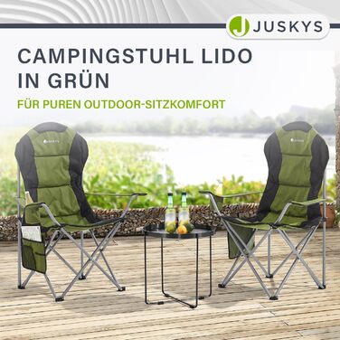 Складаний кемпінговий стілець Juskys Lido з тримачем для напоїв, бічною кишенею та сумкою для перенесення - М&39який складний кемпінговий стілець з підлокітниками та спинкою - 4 кольори зеленого кольору