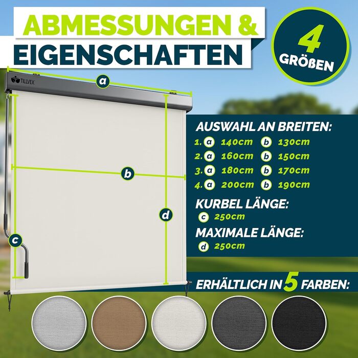 Вертикальна маркізка tillvex 160 x 250 см для використання всередині та зовні приміщень з дощовиком Водонепроникна зовнішня рулонна штора з ручним приводом для балкона, тераси та саду Балконна рулонна штора, сонцезахисний козирок, екран для конфіденційнос