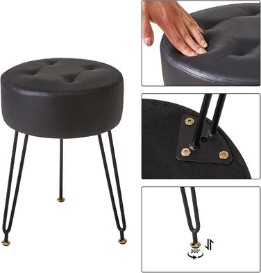 Круглий стілець-підніжка IBUYKE зі штучної шкіри, бічний столик для макіяжу, сидіння для туалетного столика з ПУ, пуф-табурет, золотисті сталеві ніжки, чорний колір L/G-31B PU чорний