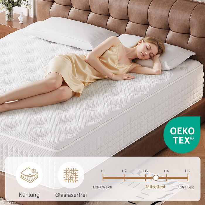 Матрац 90x200 см, висота 28 см, жорсткість H3/H4, 9-зонний пружинний матрац кишенькової форми з комфортною піною, ортопедичний ергономічний матрац, сертифікований Oeko-Tex та CertiPUR, полегшення тиску та болю в спині 90x200x28 см