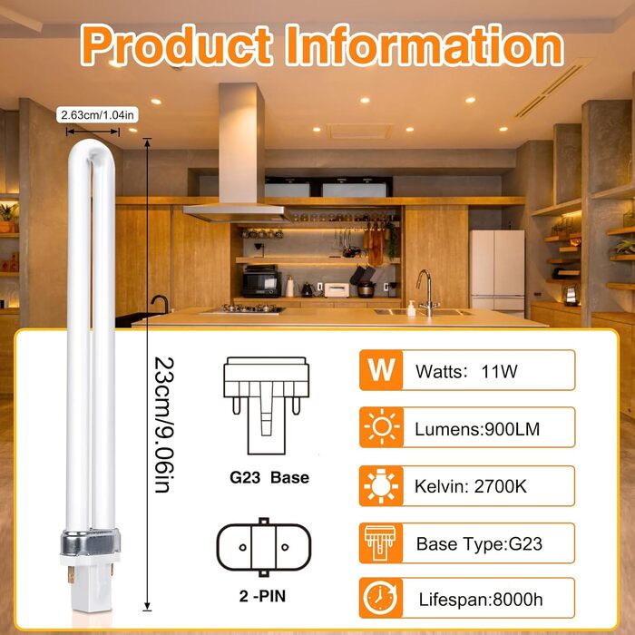 Компактна люмінесцентна лампа потужністю 11 Вт, 2 контакти, теплий білий G23, 2700K, 900 лм, U-подібна енергозберігаюча лампа з одинарною трубкою, що обертається, CFL лампа змінного струму 220-240 В, підходить для коридору, спальні, кухні, 1 упаковка
