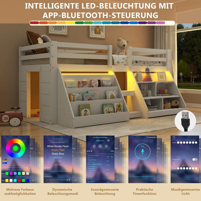 Дитяче ліжко середнього класу 90x200 зі світлодіодним освітленням, односпальне ліжко зі сходами та шафою для зберігання, ліжко з місцем для зберігання, дерев&39яне ліжко, функціональне ліжко, дитяче ліжко із захистом від падіння та рейковим каркасом, біле