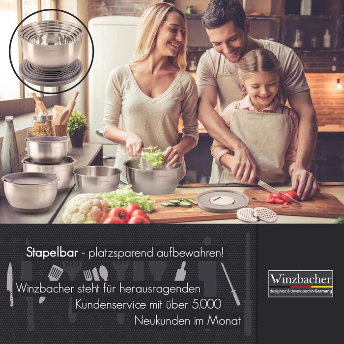 Миска з нержавіючої сталі Winzbacher з кришкою Набір з 5 шт. 1 л 1,5 л 2,5 л 3,5 л 4,5 л Миска для змішування, Салатниця, Набір ми