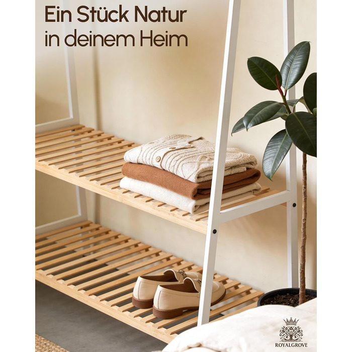 Вішалка для одягу з 2 полицями з білого бамбука, шафа-тумба з міцною рейкою для одягу, шафа з полицею для взуття, для передпокою, спальні, 160 x 80 x 44 см (білий)