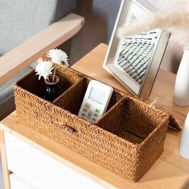 Кошик для зберігання з морської трави з кришкою, плетений кошик для зберігання у ванну кімнату, плетена скринька для зберігання у ванній кімнаті з 3 відділеннями (33 x 13 x 11 см)