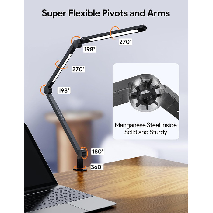 Світлодіодна настільна лампа MediAcous, подвійне джерело світла, поворотна лампа Arm Architect із затискачем, офісна настільна лампа з сенсорним керуванням потужністю 12 Вт із 4 колірними температурами та яскравістю з регулюванням (чорний)