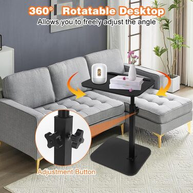 С-подібний бічний столик, поворотний на 360 та регульований по висоті диванний столик, журнальний столик, бічний столик, диванний столик, тумбочка для вітальні, спальні, ванної кімнати, ліжка (чорний)