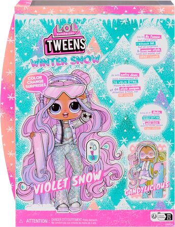 Сюрприз Модна лялька Tweens Winter Snow - Вайолет Сноу з лижами, що змінюють колір, та 10 холодними модними речами та аксесуарами, подарунок для дітей віком від 4 років