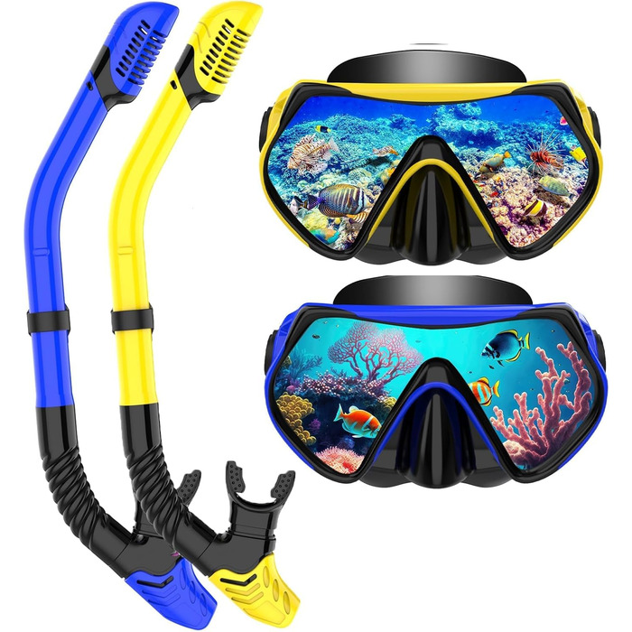 Набір для дорослого з маскою для підводного плавання, комплект для підводного плавання з маскою проти запотівання та сухим снорклінгом, професійна маска для підводного плавання із загартованого скла, синійжовтий