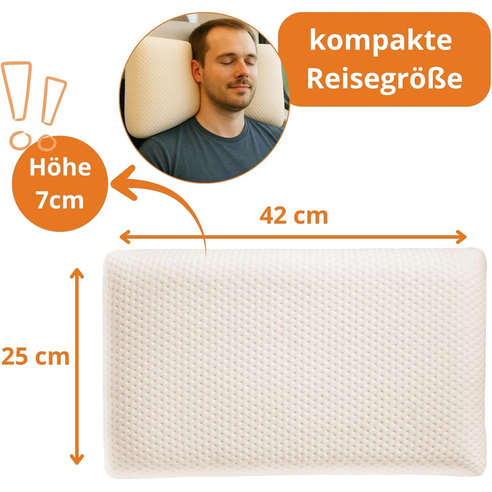 Маленька дорожня подушка для сну 25x42 см, висота 7 см, подушка для шиї, ортопедична подушка, стискаюча подушка з віско з піни з пам&39яттю форми 25 x 42 см, ергономічна подушка для підтримки шиї, зроблено в ЄС, Oeko-TEX 25 x 42 x 7 см