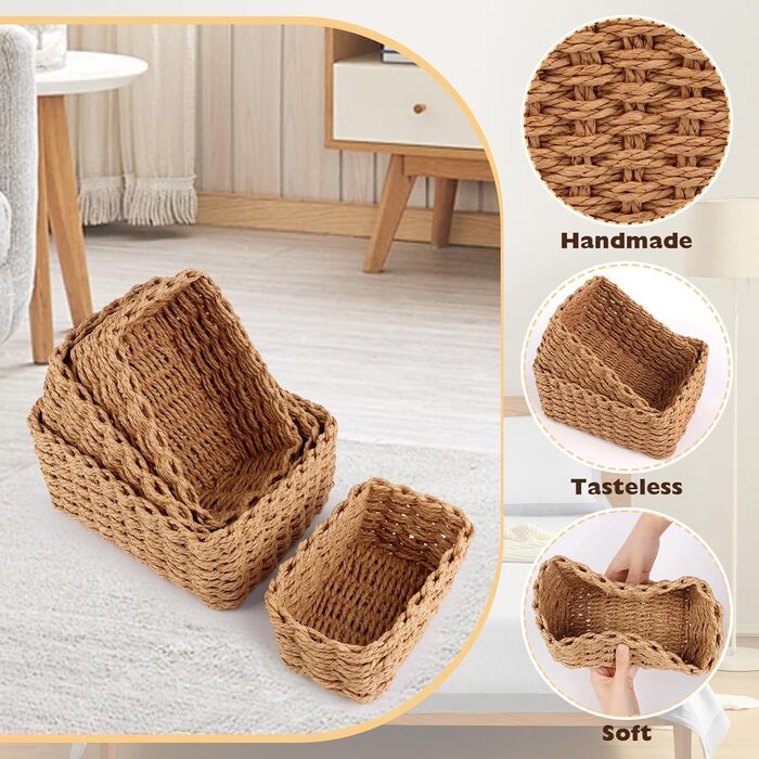Набір із 4 плетених кошиків для зберігання, кошики для зберігання, що штабелюються, кошики в стилі бохо з паперової мотузки, плетений кошик для пеленального столика, кошик для зберігання для вітальні, кухні, дитячої кімнати, ванної кімнати, маленькі кошик