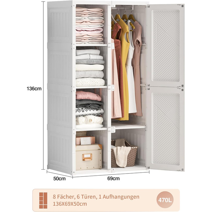 Складана шафа з 5 кубіками, 1 рейкою для одягу, швидке складання, універсальна шафа для вітальні/спальні (Білий, 50x69x136 см) Білий, 50x69x136 см