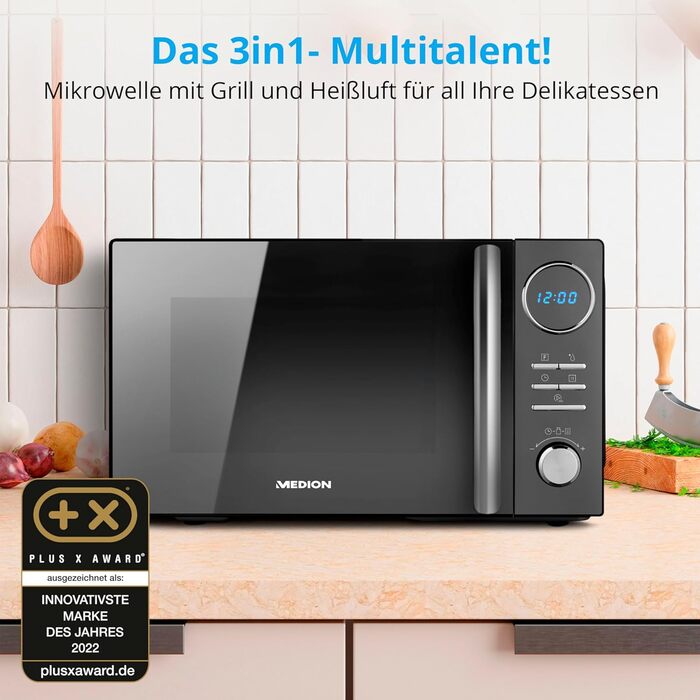 Мікрохвильова піч MEDION 3 в 1 з функцією гриля та конвекції (23 літри, 900 Вт, 1 000 Вт гриль, 1 680 Вт гаряче повітря, 10 автоматичних програм, функція розморожування, дисплей, MD11493) чорний