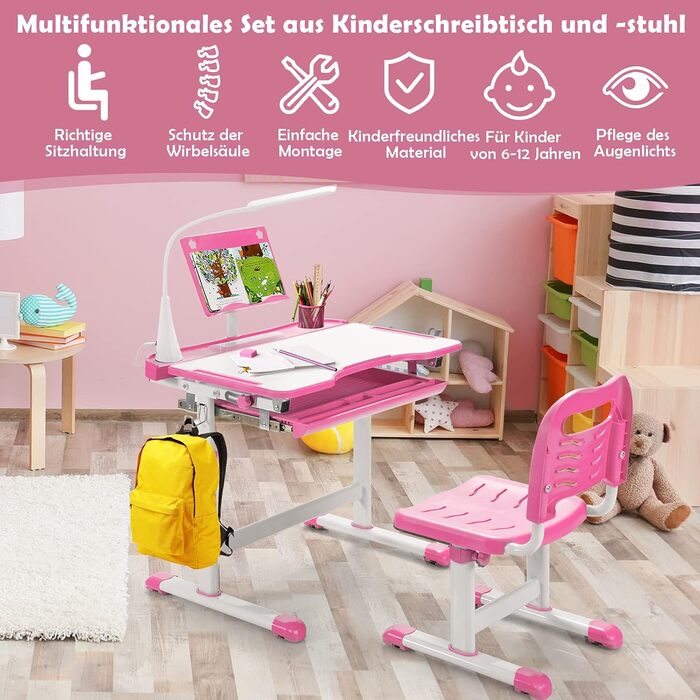 Набір дитячих столів COSTWAY з підставкою для книг та світлодіодним підсвічуванням, регульований по висоті дитячий стіл і стілець