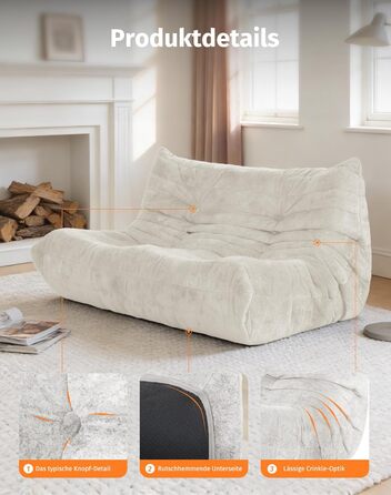 Диван з пінопласту без кісток зручний підлоговий диван з ергономічним дизайном, не потребує складання, диван-мішок для вітальні, спальні, квартири, ігрової кімнати та офісу, бежевий двомісний