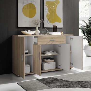 Комод Stella Trading LILLY з обробкою дуба Сонома - Сучасний буфет з великою кількістю місця для зберігання речей у вашій вітальні - 118 x 70 x 30 см (Ш/В/Г) 30Г x 118Ш x 70В см (1 шухляда) Дуб Сонома