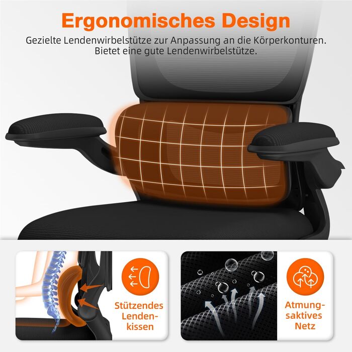 Офісне крісло, ергономічне офісне крісло з регульованим підголівником, поперековою опорою та відкидними підлокітниками, крісло для керівника 150 кг, ергономічне крісло з функцією гойдання до 135, чорне, модель 2