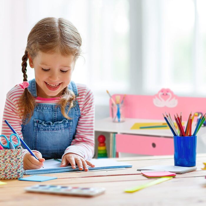 Стіл і стілець Relaxdays для дітей, шухляда і 2 відкритих відділення, мотив лебедя, меблі для дитячої кімнати, рожевий/білий