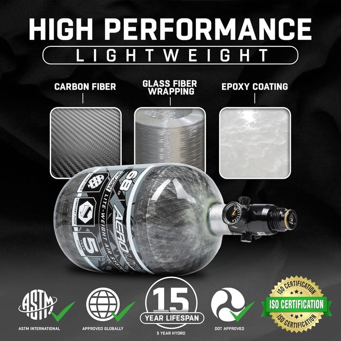 Система пейнтбольного балона HK Army AeroLite 68/4500 HPA – вуглеволокно, прозорий, 800 psi, авіаційний алюміній, 5-річний гідроцикл