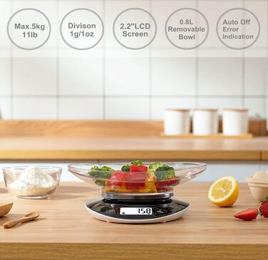 Цифрові кухонні електронні ваги SENSSUN зі знімною чашею, 5 кг / 11 фунтів з точністю до 1 г, з великим РК-дисплеєм і функцією тар