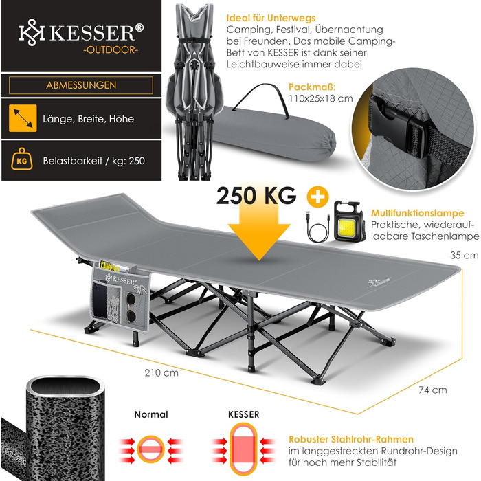 Кемпінгове ліжко KESSER, розкладне розкладане ліжечко, шезлонг для кемпінгу, включаючи сумку для перенесення, кемпінговий ліхтарик бічна кишеня, міцне ліжечко, вантажопідйомність 250 кг, металева труба, тканина Оксфорд 600D, портативне, сірий колір, 210 с